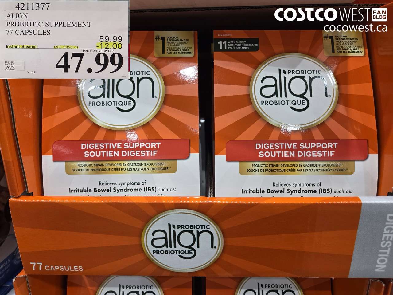 4211377 ALIGN PROBIOTIC SUPPLEMENT 77 CAPSULES ($12.00 INSTANT SAVINGS EXPIRES ON 2026-01-18) $47.99