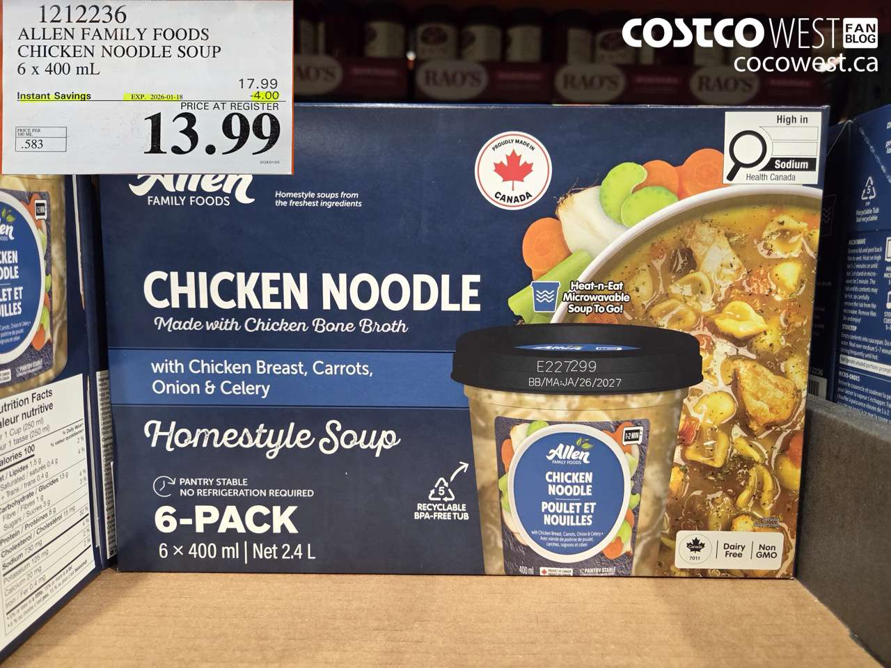 1212236 ALLEN FAMILY FOODS CHICKEN NOODLE SOUP 6 x 400 mL ($4.00 INSTANT SAVINGS EXPIRES ON 2026-01-18) $13.99