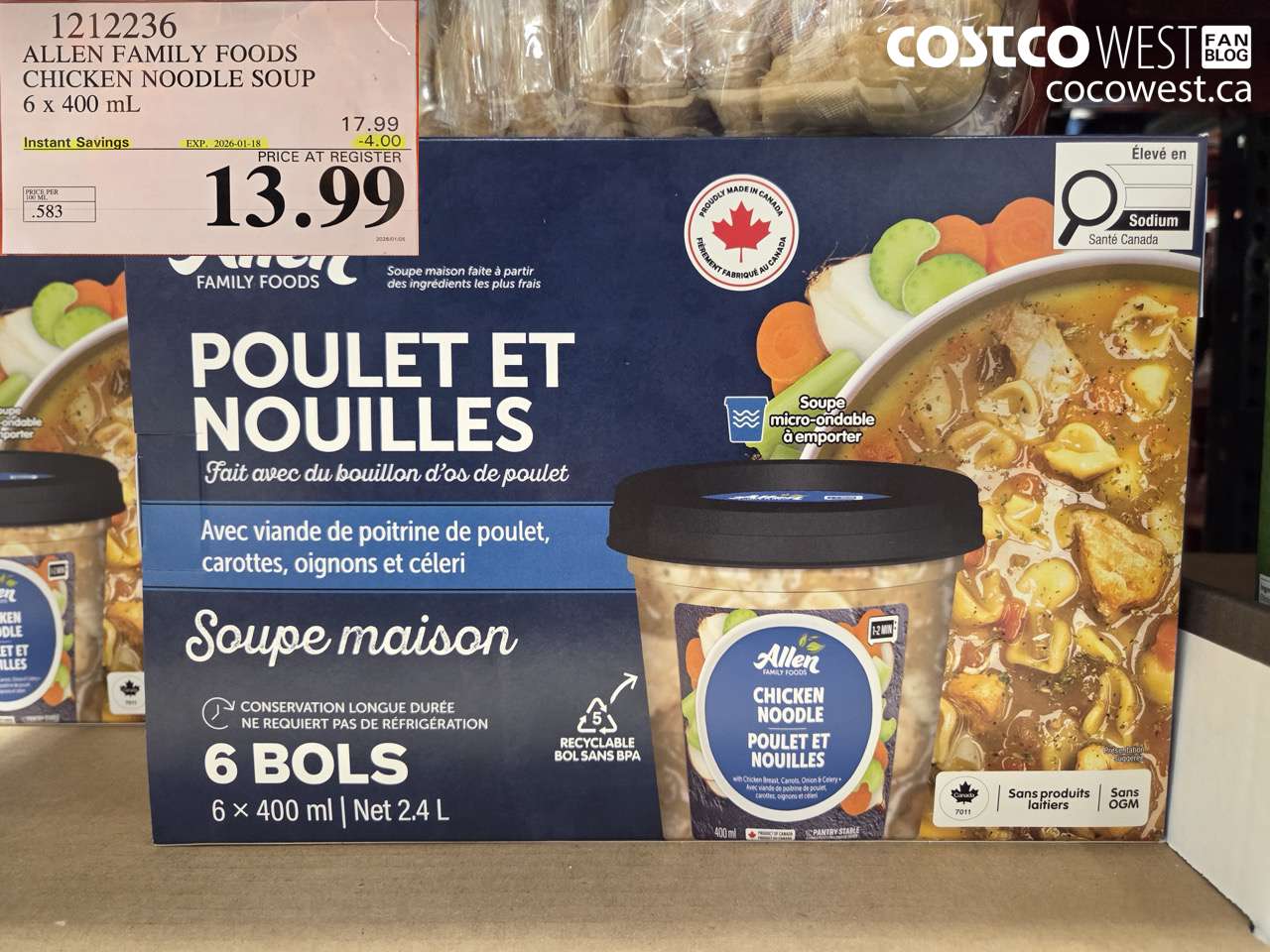 1212236 ALLEN FAMILY FOODS CHICKEN NOODLE SOUP 6 x 400 mL ($4.00 INSTANT SAVINGS EXPIRES ON 2026-01-18) $13.99