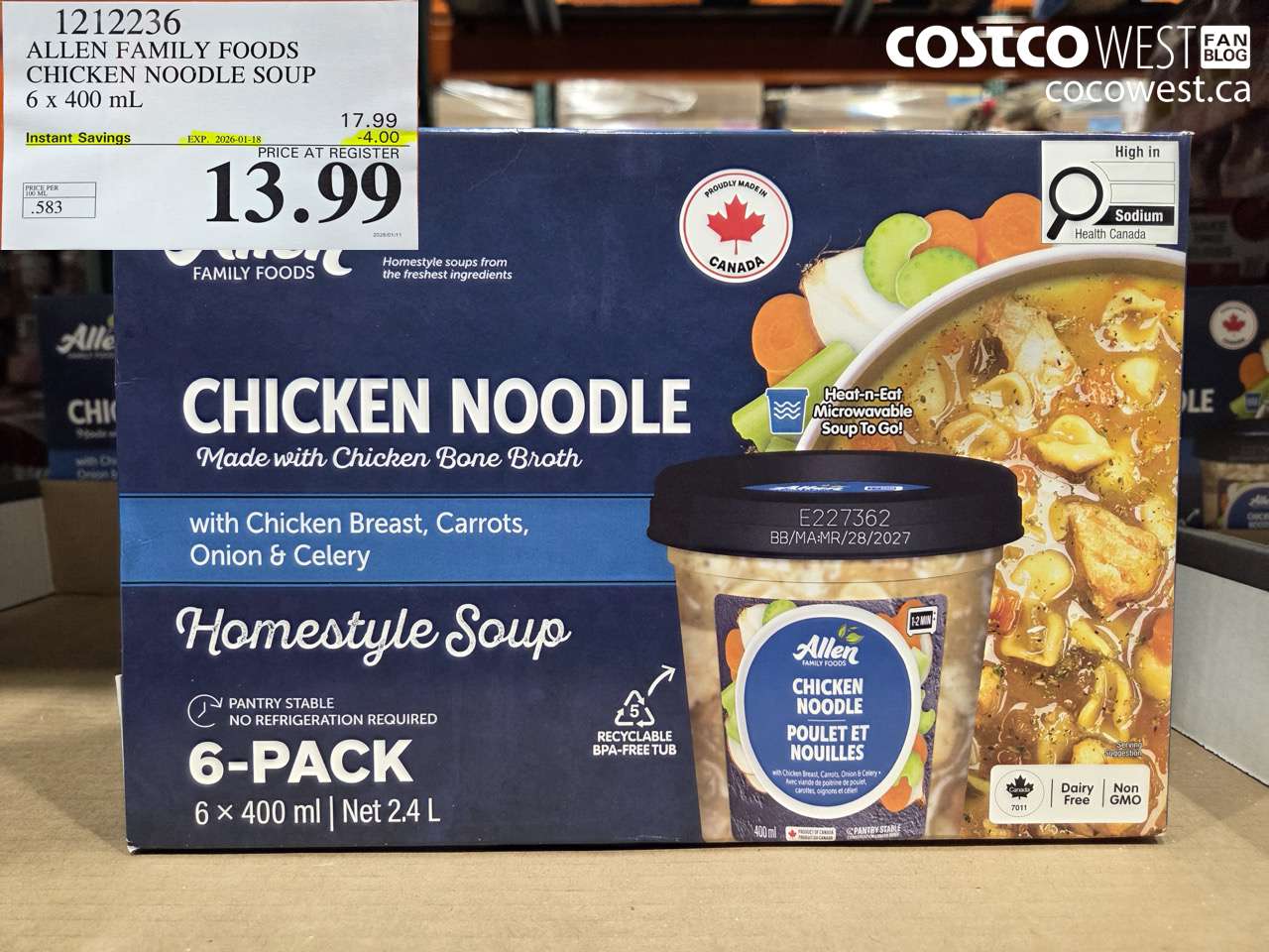 1212236 ALLEN FAMILY FOODS CHICKEN NOODLE SOUP 6 x 400 mL ($4.00 INSTANT SAVINGS EXPIRES ON 2026-01-18) $13.99