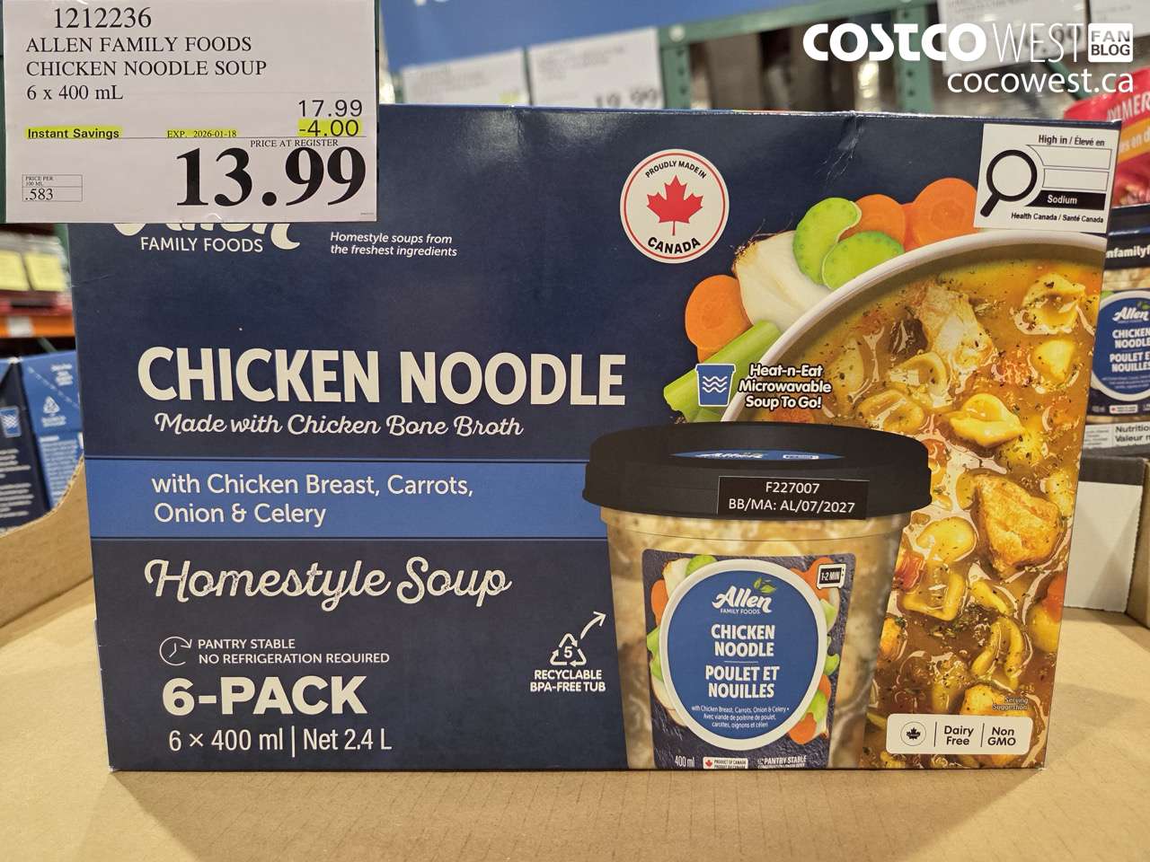 1212236 ALLEN FAMILY FOODS CHICKEN NOODLE SOUP 6 x 400 mL ($4.00 INSTANT SAVINGS EXPIRES ON 2026-01-18) $13.99