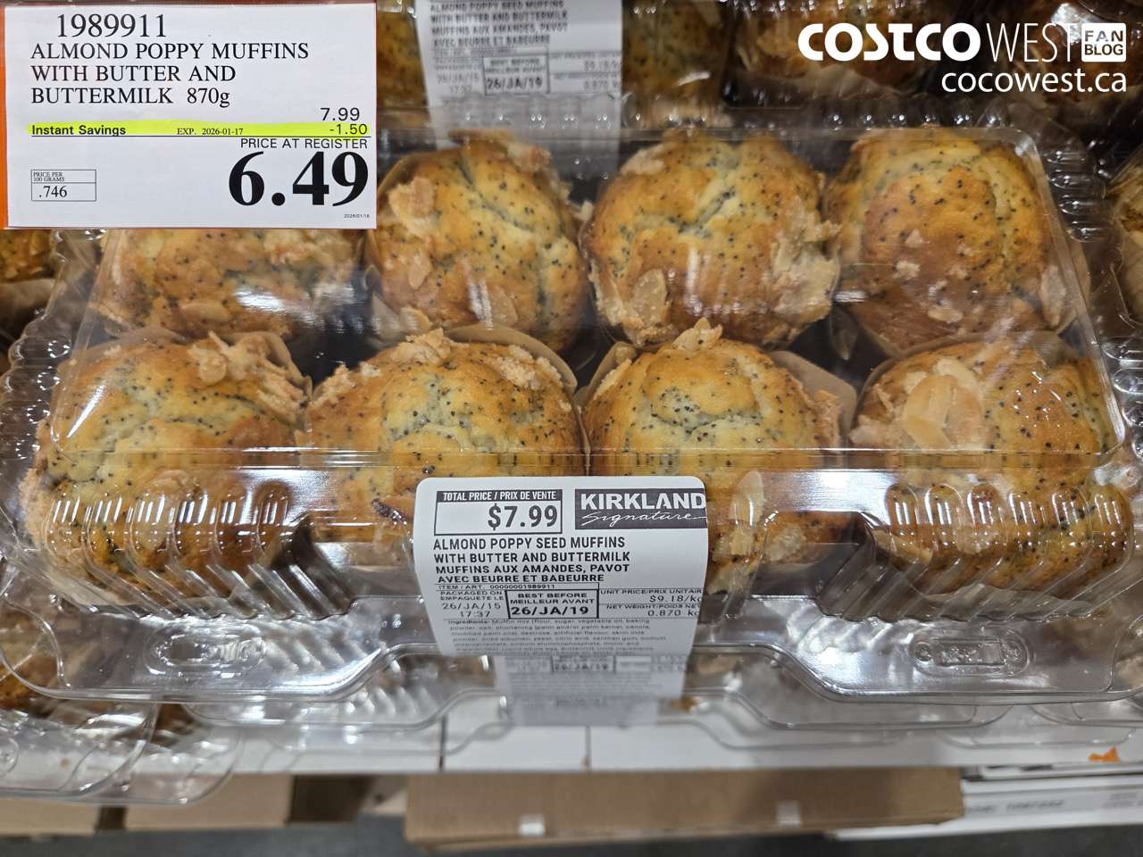 1989911 ALMOND POPPY MUFFINS WITH BUTTER AND BUTTERMILK 870G ($1.50 INSTANT SAVINGS EXPIRES ON 2026-01-17) $6.49