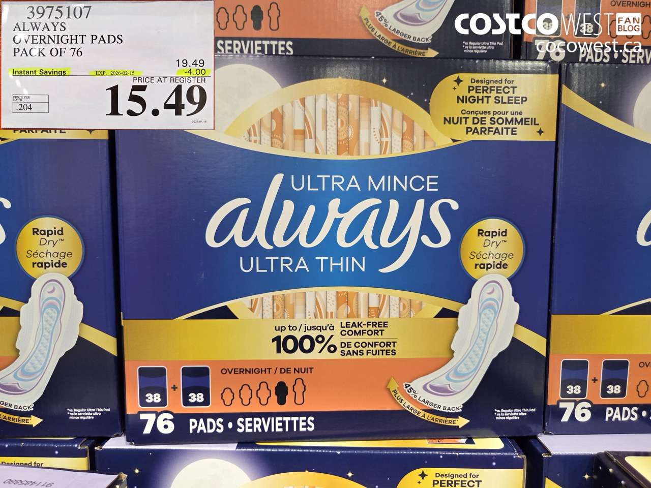 3975107 ALWAYS OVERNIGHT PADS PACK OF 76 ($4.00 INSTANT SAVINGS EXPIRES ON 2026-02-15) $15.49