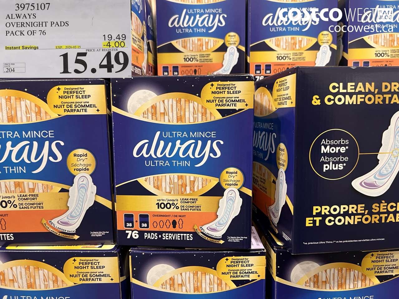 3975107 ALWAYS OVERNIGHT PADS PACK OF 76 ($4.00 INSTANT SAVINGS EXPIRES ON 2026-02-15) $15.49