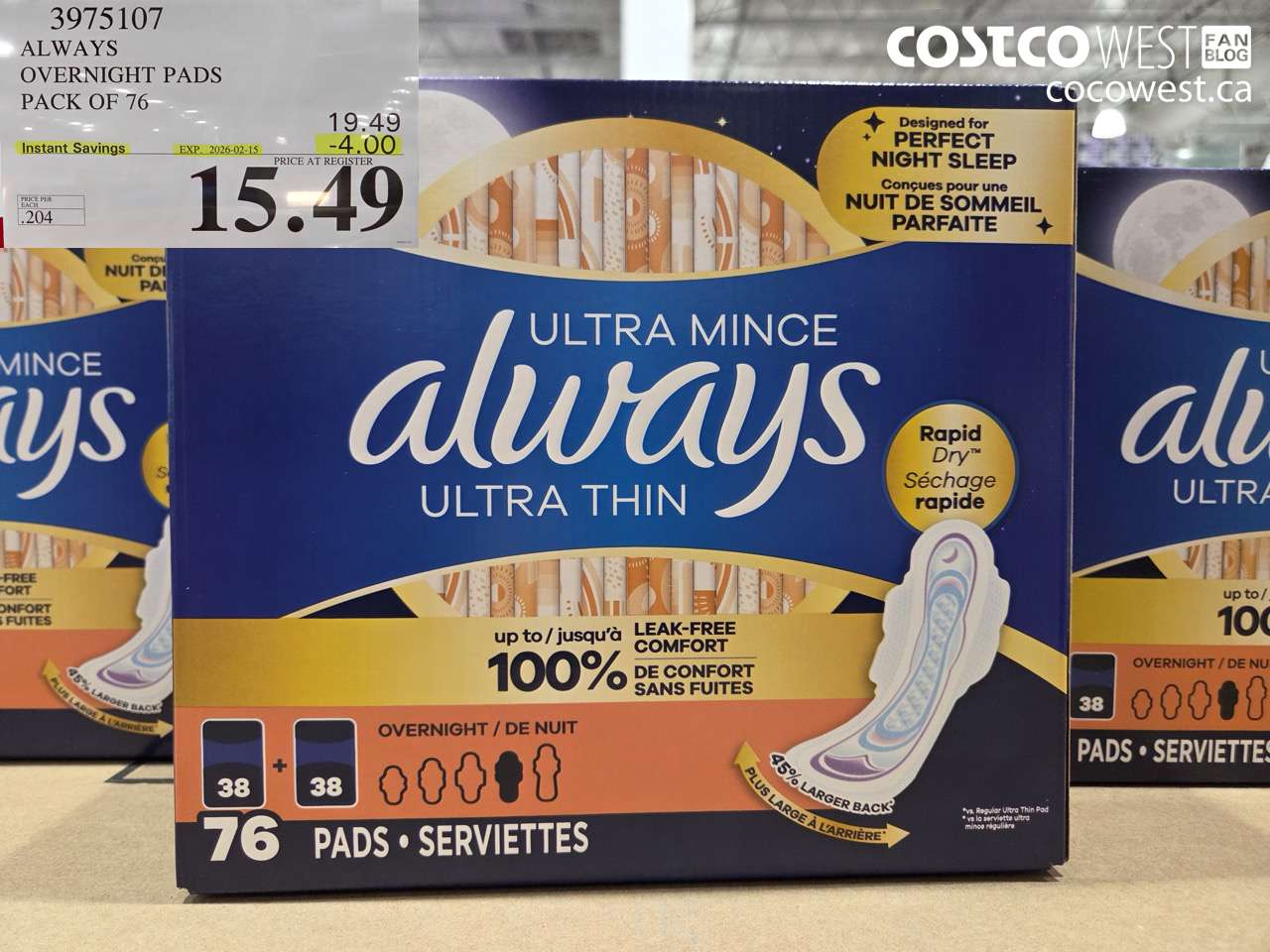3975107 ALWAYS OVERNIGHT PADS PACK OF 76 ($4.00 INSTANT SAVINGS EXPIRES ON 2026-02-15) $15.49