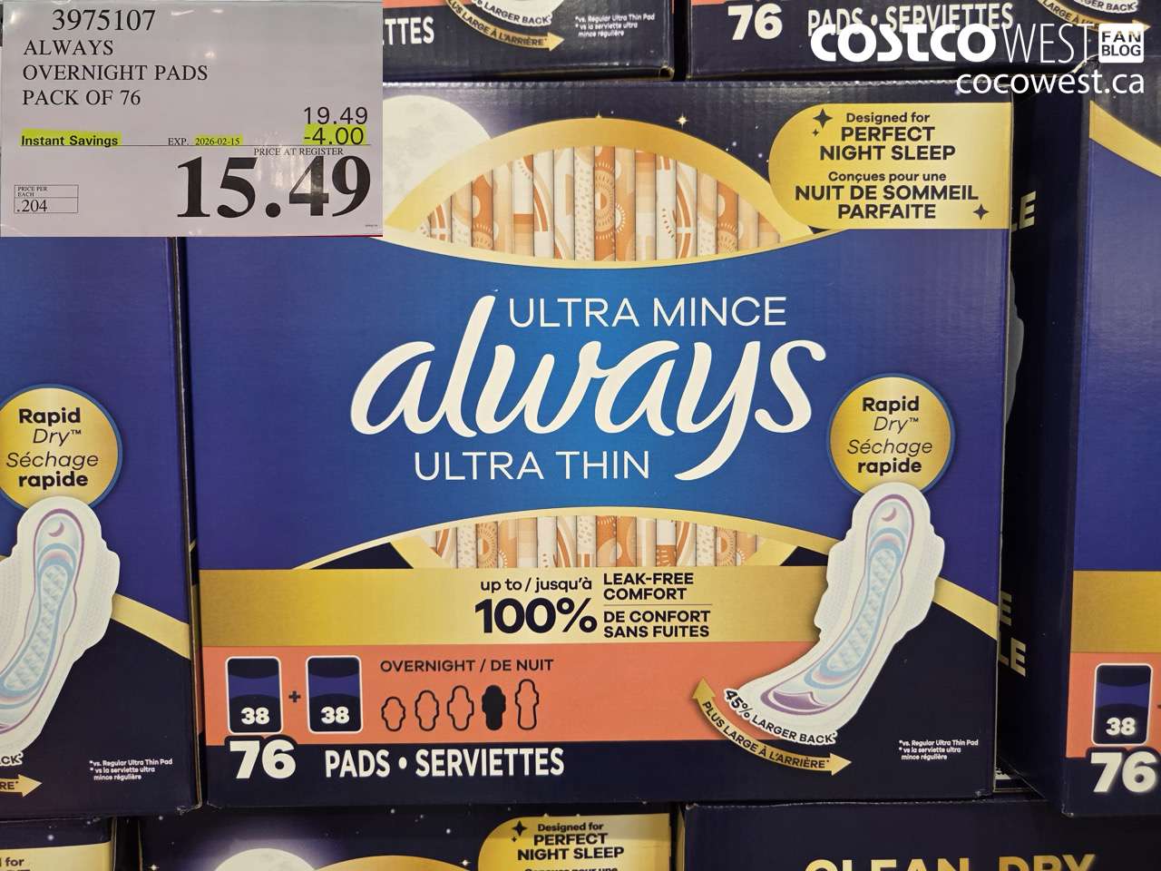 3975107 ALWAYS OVERNIGHT PADS PACK OF 76 ($4.00 INSTANT SAVINGS EXPIRES ON 2026-02-15) $15.49