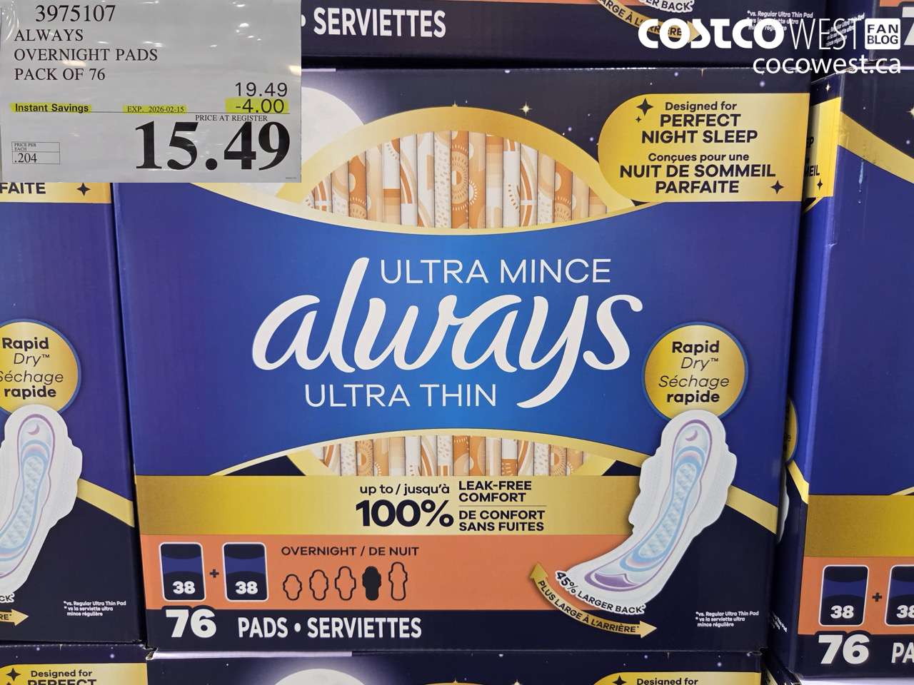 3975107 ALWAYS OVERNIGHT PADS PACK OF 76 ($4.00 INSTANT SAVINGS EXPIRES ON 2026-02-15) $15.49