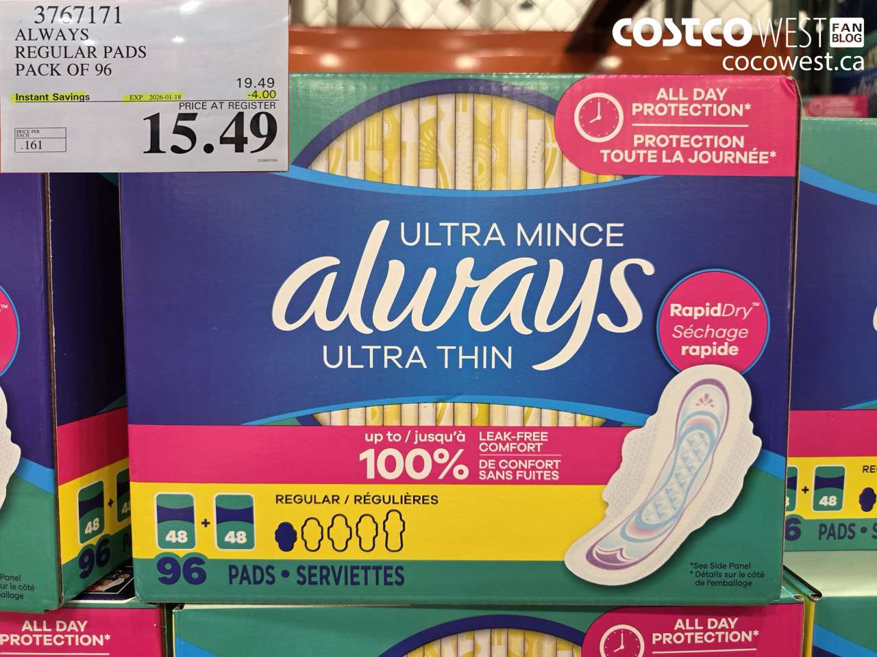 3767171 ALWAYS REGULAR PADS PACK OF 96 ($4.00 INSTANT SAVINGS EXPIRES ON 2026-01-18) $15.49