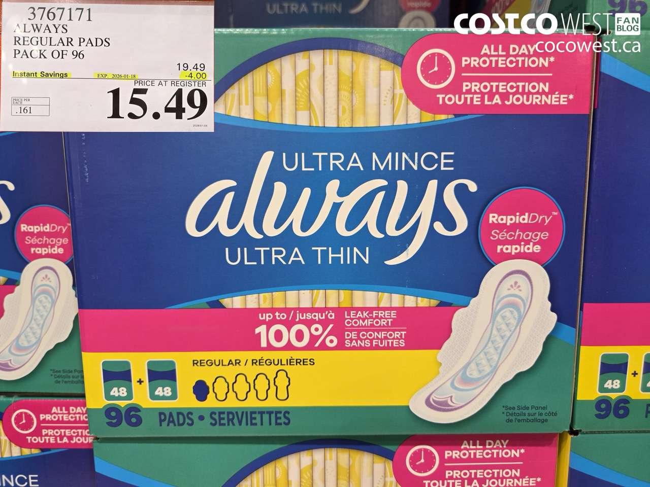 3767171 ALWAYS REGULAR PADS PACK OF 96 ($4.00 INSTANT SAVINGS EXPIRES ON 2026-01-18) $15.49
