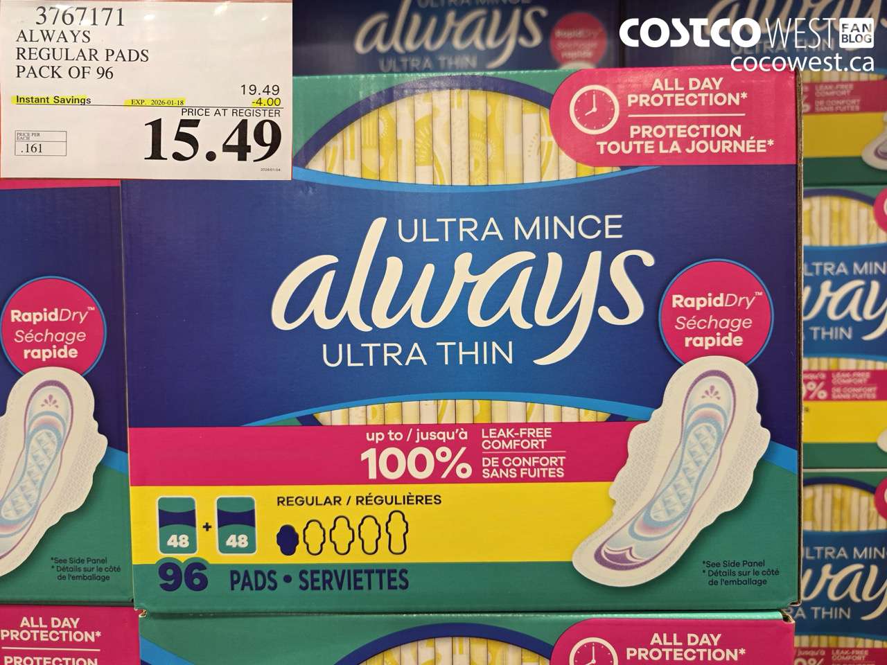 3767171 ALWAYS REGULAR PADS PACK OF 96 ($4.00 INSTANT SAVINGS EXPIRES ON 2026-01-18) $15.49