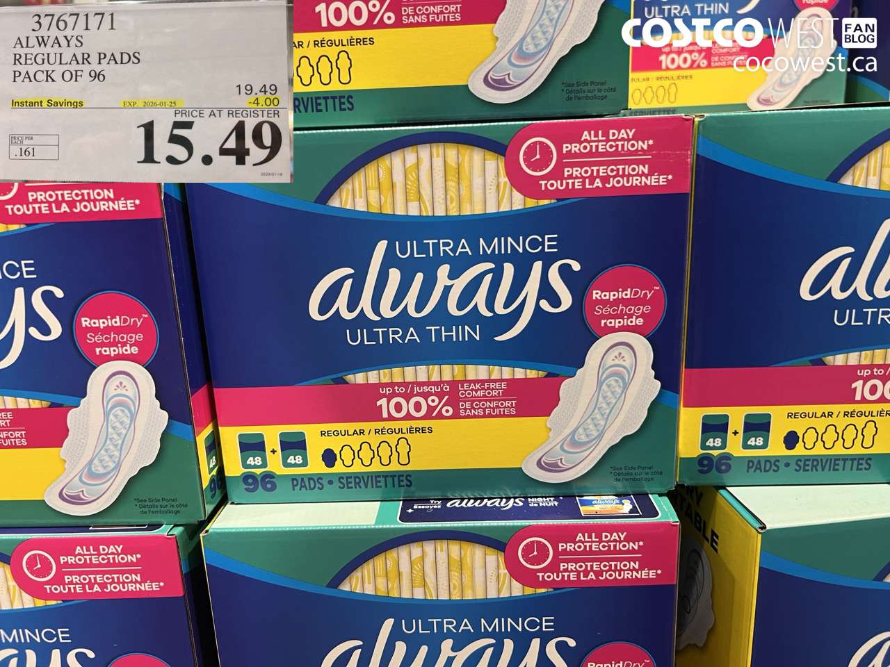 3767171 ALWAYS REGULAR PADS PACK OF 96 ($4.00 INSTANT SAVINGS EXPIRES ON 2026-01-25) $15.49