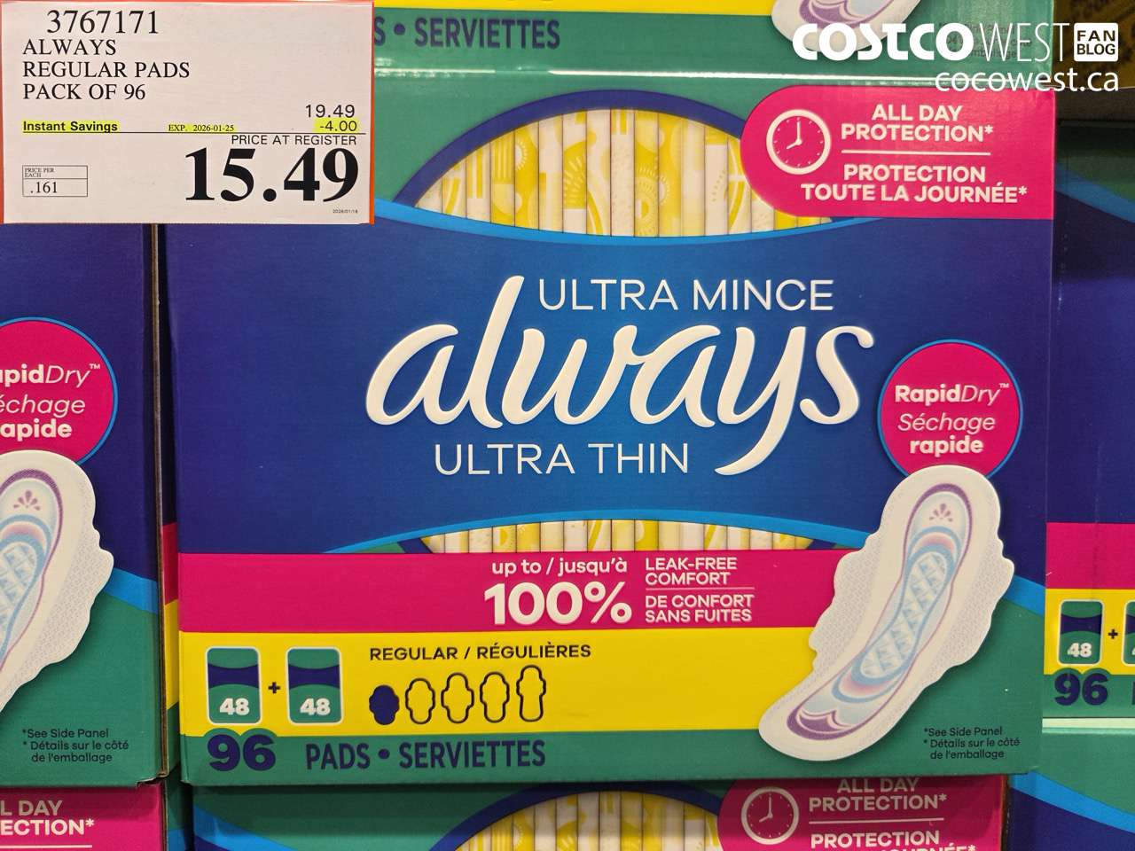 3767171 ALWAYS REGULAR PADS PACK OF 96 ($4.00 INSTANT SAVINGS EXPIRES ON 2026-01-25) $15.49