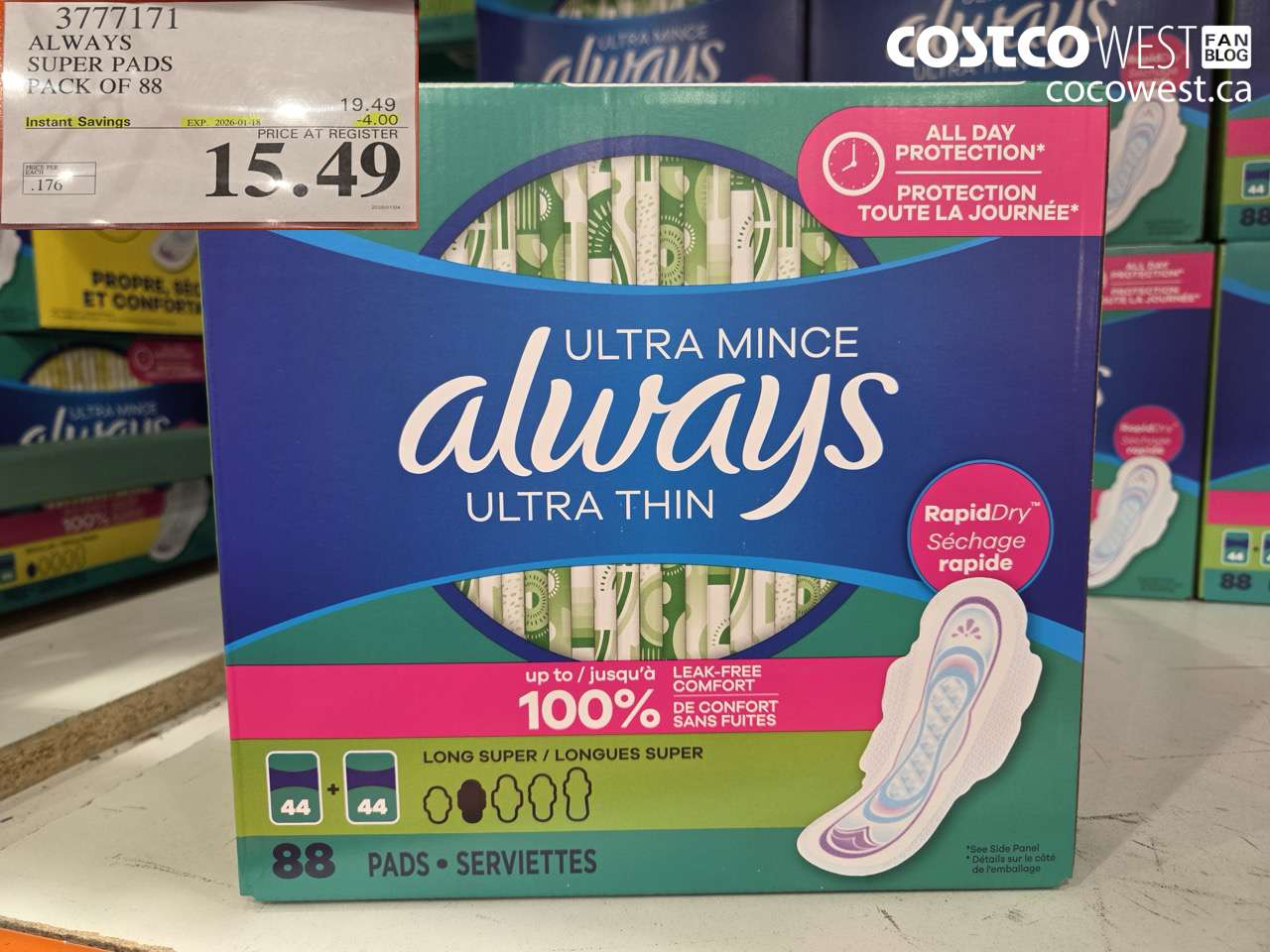 3777171 ALWAYS SUPER PADS PACK OF 88 ($4.00 INSTANT SAVINGS EXPIRES ON 2026-01-18) $15.49