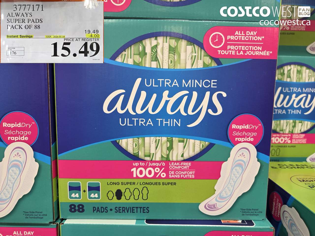 3777171 ALWAYS SUPER PADS PACK OF 88 ($4.00 INSTANT SAVINGS EXPIRES ON 2026-01-18) $15.49