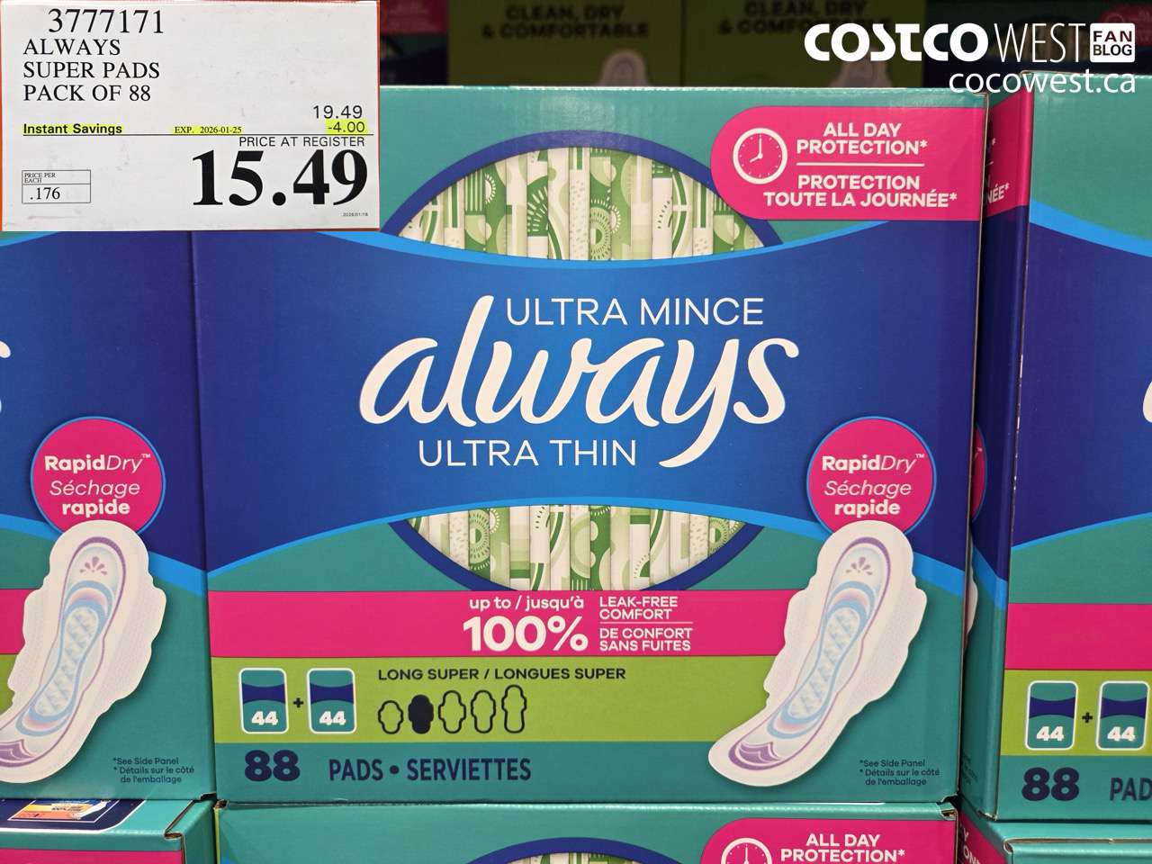 3777171 ALWAYS SUPER PADS PACK OF 88 ($4.00 INSTANT SAVINGS EXPIRES ON 2026-01-25) $15.49