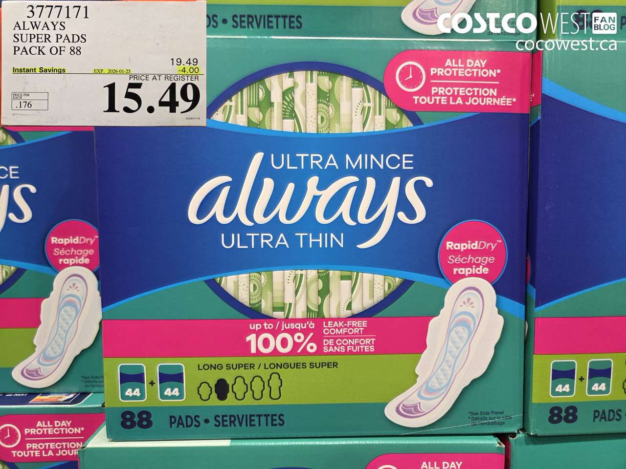 3777171 ALWAYS SUPER PADS PACK OF 88 ($4.00 INSTANT SAVINGS EXPIRES ON 2026-01-25) $15.49
