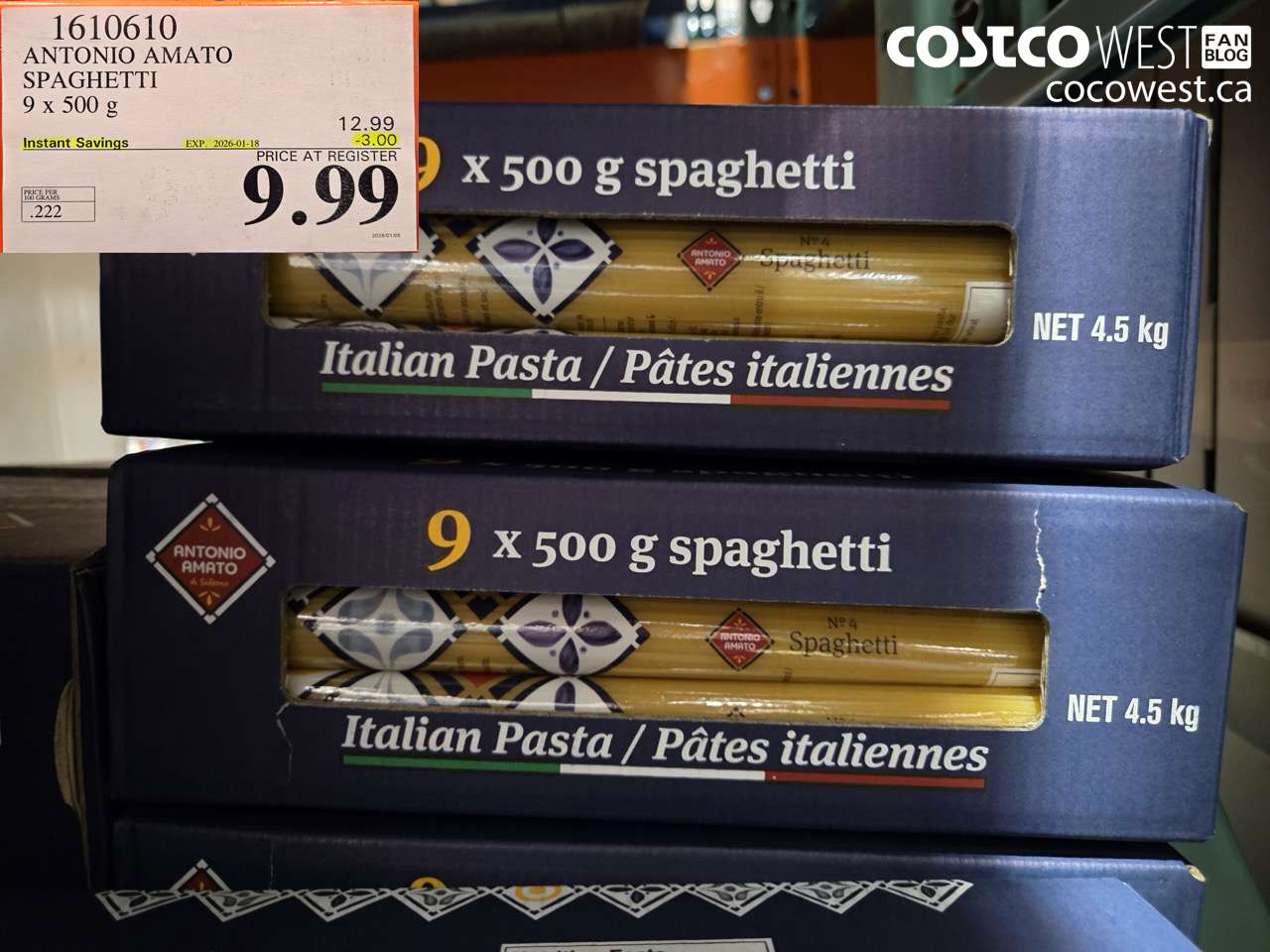 1610610 ANTONIO AMATO SPAGHETTI 9 X 500 G ($3.00 INSTANT SAVINGS EXPIRES ON 2026-01-18) $9.99