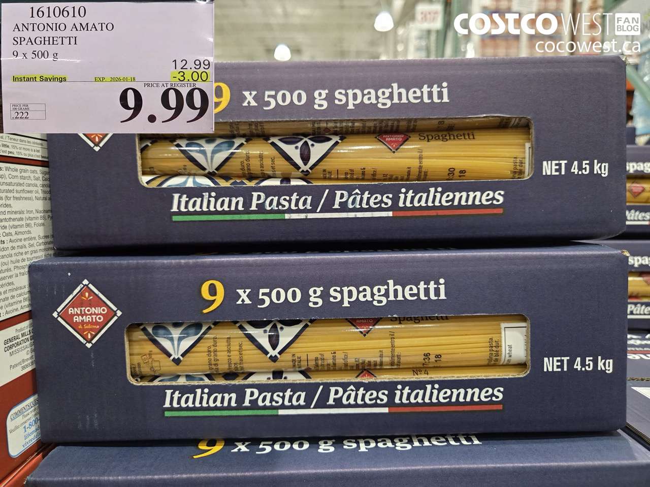 1610610 ANTONIO AMATO SPAGHETTI 9 X 500 G ($3.00 INSTANT SAVINGS EXPIRES ON 2026-01-18) $9.99