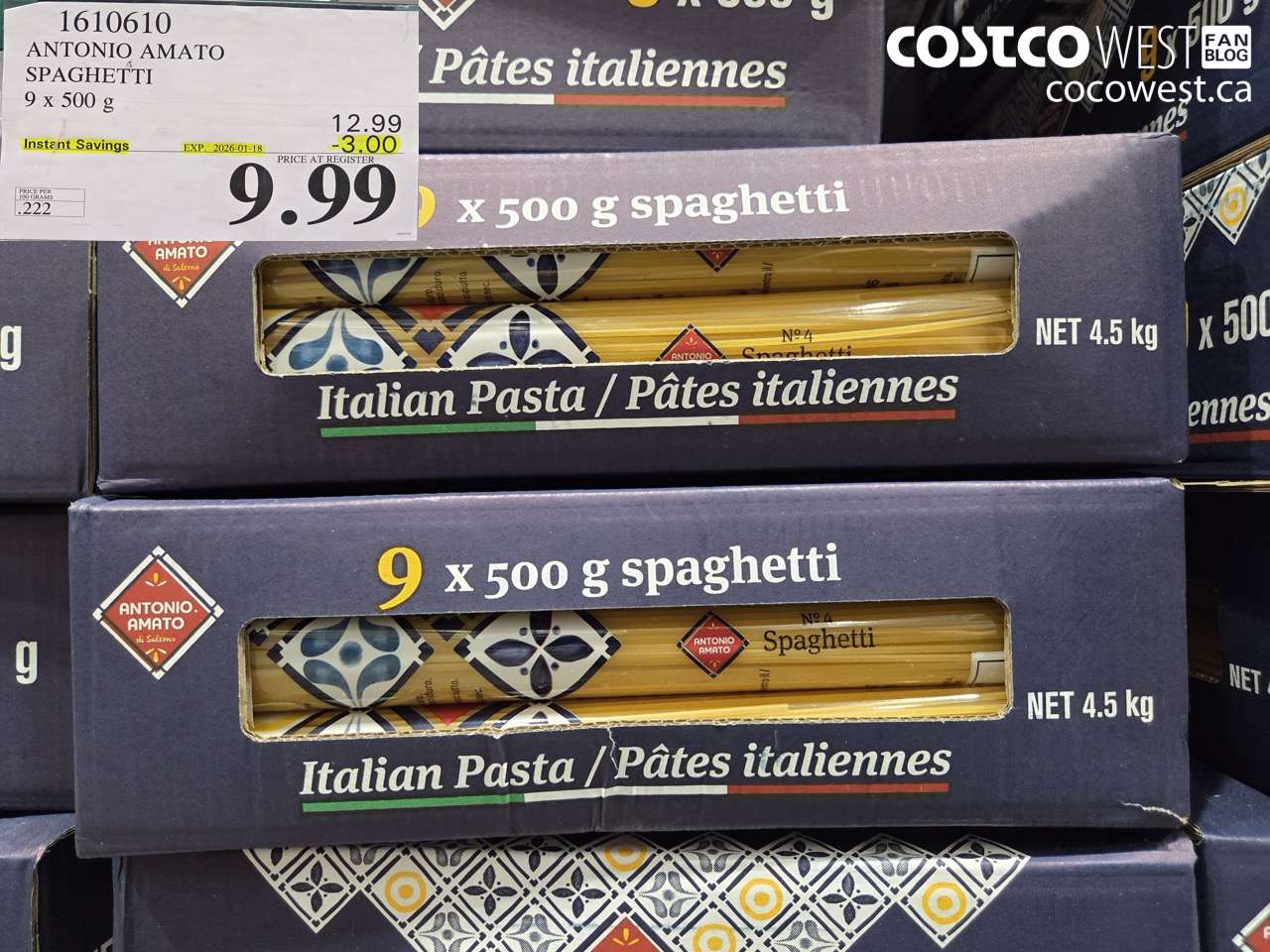 1610610 ANTONIO AMATO SPAGHETTI 9 X 500 G ($3.00 INSTANT SAVINGS EXPIRES ON 2026-01-18) $9.99
