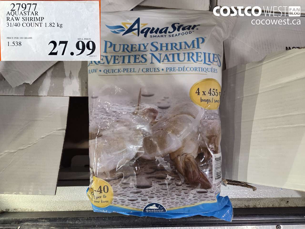 27977 AQUA RAW SHRIMP 31/40 4 x 454 g $27.99
