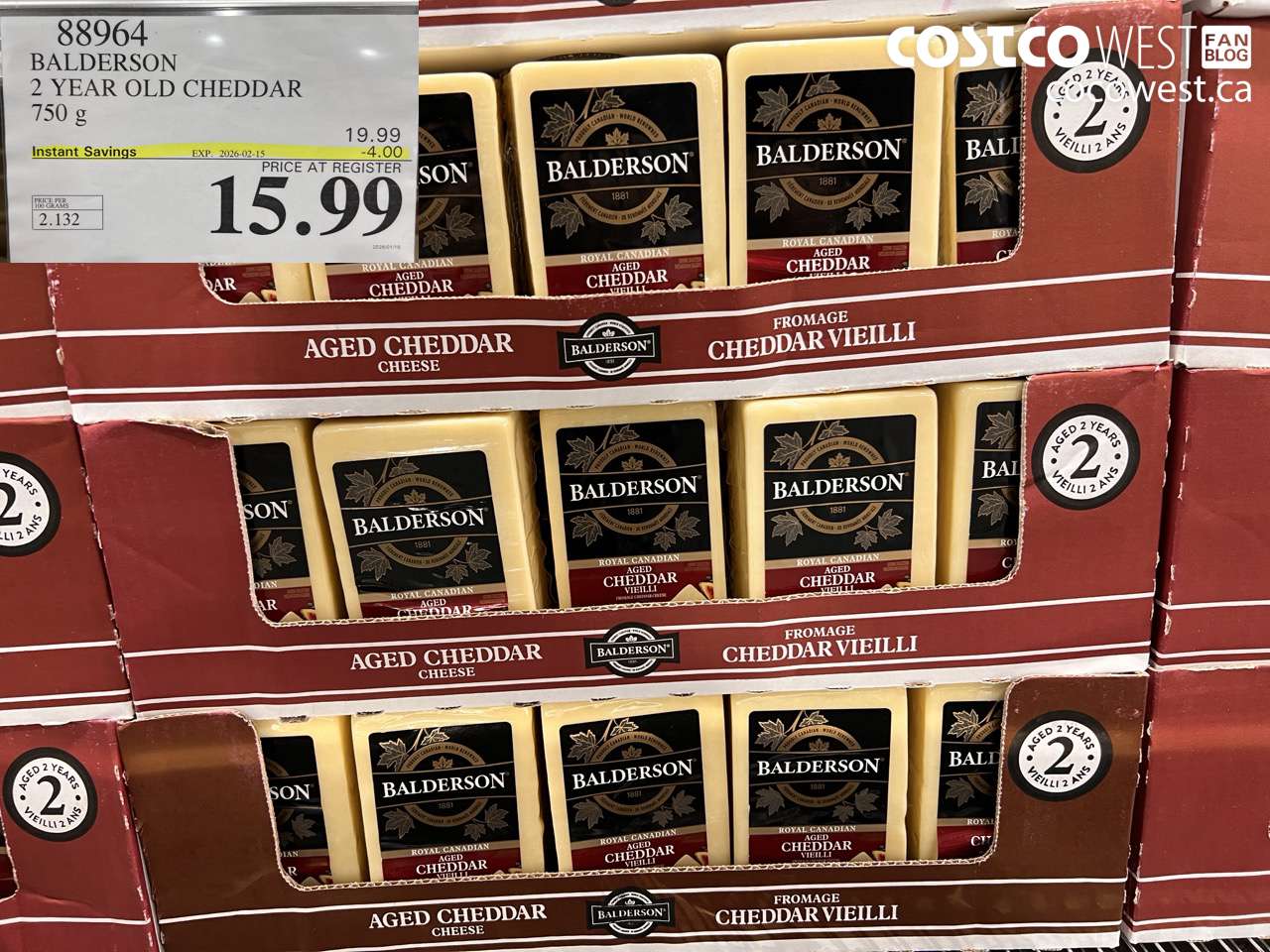 88964 BALDERSON 2 YEAR OLD CHEDDAR 750 g ($4.00 INSTANT SAVINGS EXPIRES ON 2026-02-15) $15.99