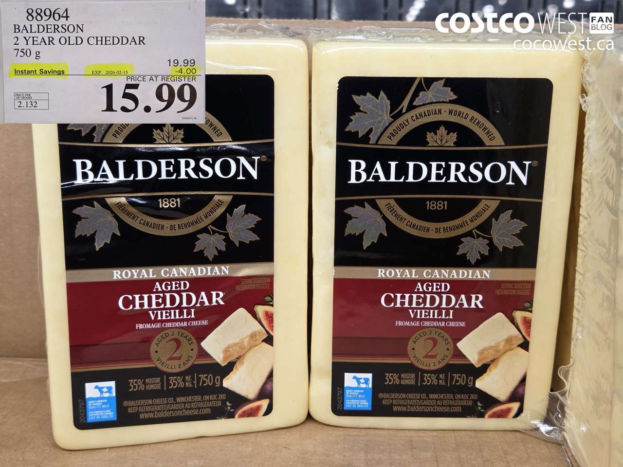 88964 BALDERSON 2 YEAR OLD CHEDDAR 750 g ($4.00 INSTANT SAVINGS EXPIRES ON 2026-02-15) $15.99