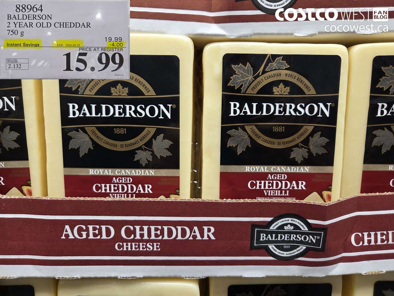 88964 BALDERSON 2 YEAR OLD CHEDDAR 750 g ($4.00 INSTANT SAVINGS EXPIRES ON 2026-02-15) $15.99