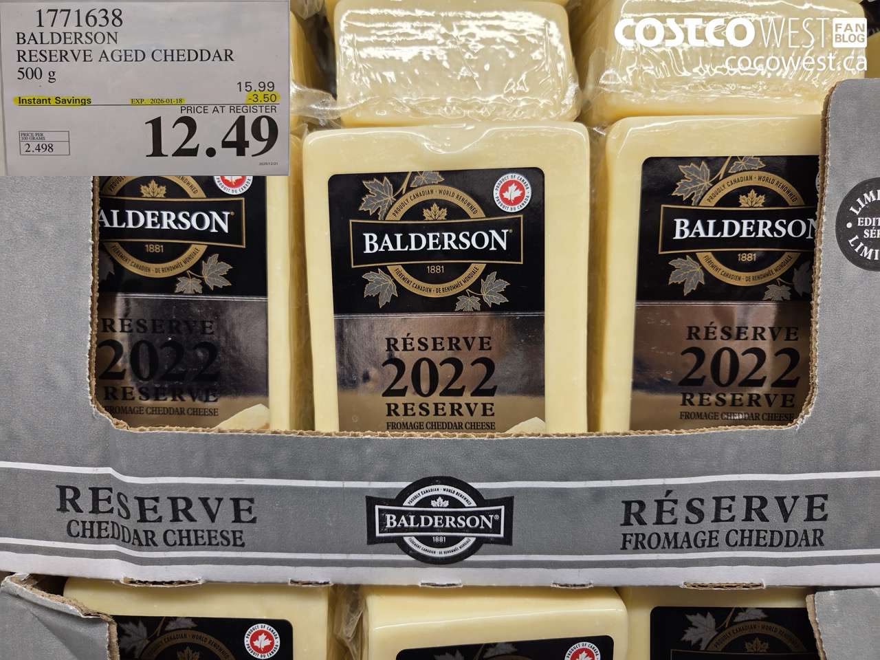 1771638 BALDERSON RESERVE AGED CHEDDAR 500 G ($3.50 INSTANT SAVINGS EXPIRES ON 2026-01-18) $12.49