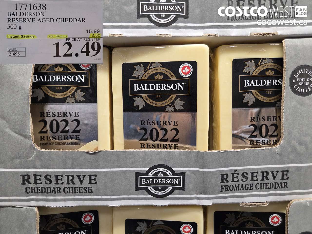 1771638 BALDERSON RESERVE AGED CHEDDAR 500 G ($3.50 INSTANT SAVINGS EXPIRES ON 2026-01-18) $12.49