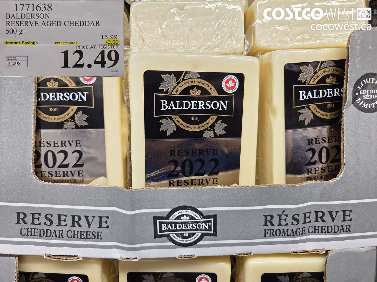 1771638 BALDERSON RESERVE AGED CHEDDAR 500 G ($3.50 INSTANT SAVINGS EXPIRES ON 2026-01-18) $12.49