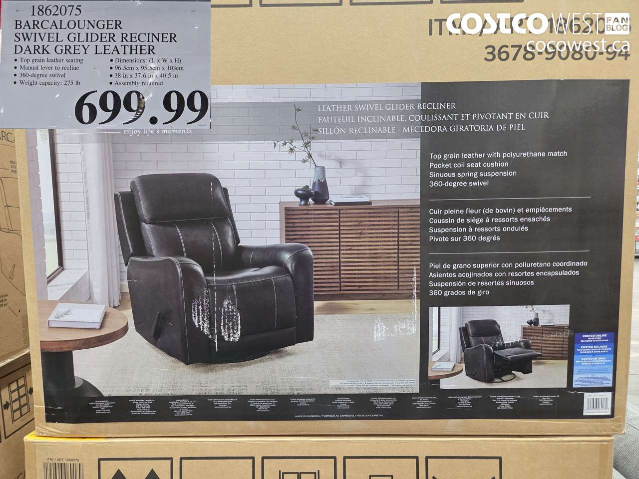 1862075 BARCALOUNGER SWIVEL GLIDER RECLINER DARK GREY LEATHER $699.99
