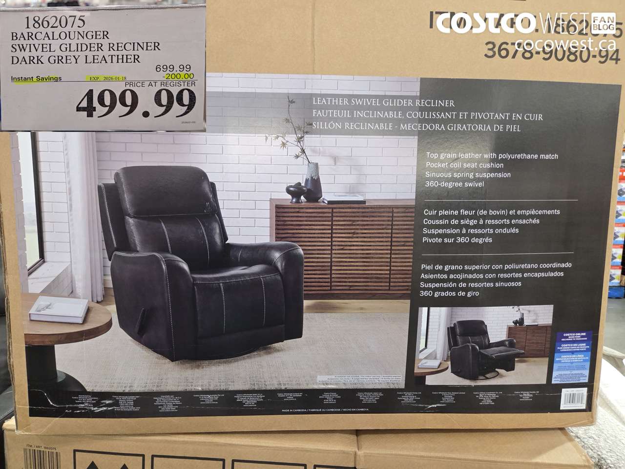 1862075 BARCALOUNGER SWIVEL GLIDER RECLINER DARK GREY LEATHER ($200.00 INSTANT SAVINGS EXPIRES ON 2026-01-18) $499.99