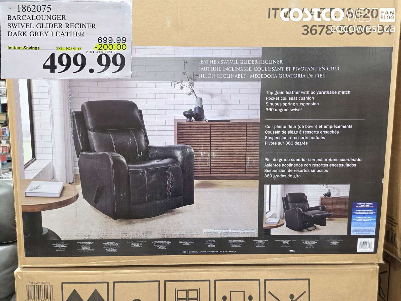 1862075 BARCALOUNGER SWIVEL GLIDER RECLINER DARK GREY LEATHER ($200.00 INSTANT SAVINGS EXPIRES ON 2026-01-18) $499.99