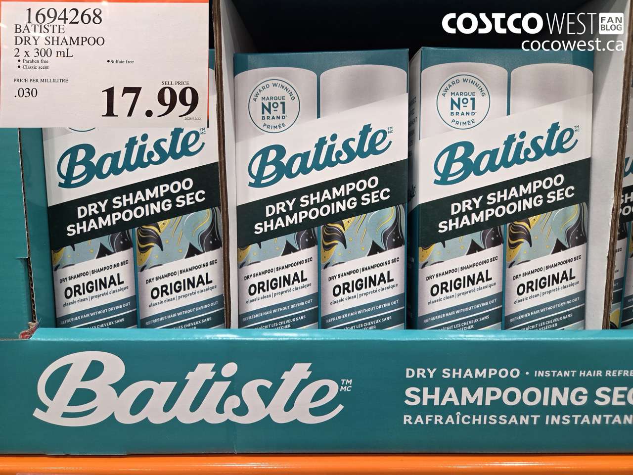 1694268 BATISTE DRY SHAMPOO 2 X 300 ML $17.99