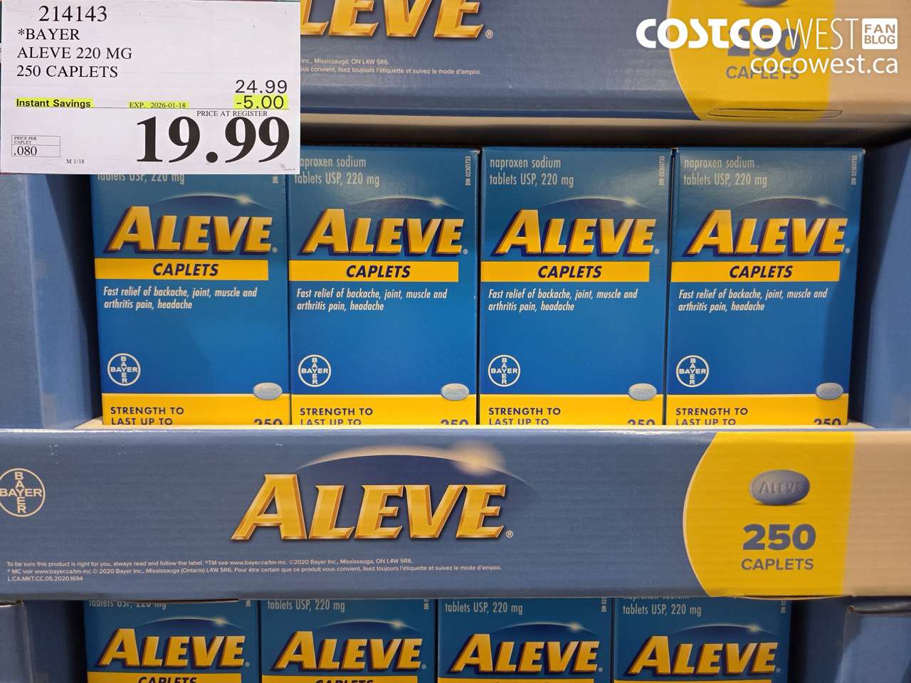 214143 BAYER ALEVE 220 MG 250 CAPLETS ($5.00 INSTANT SAVINGS EXPIRES ON 2026-01-18) $19.99