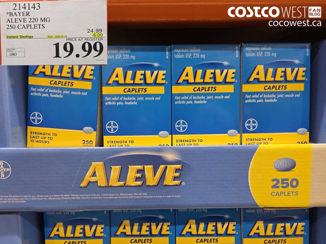 214143 BAYER ALEVE 220 MG 250 CAPLETS ($5.00 INSTANT SAVINGS EXPIRES ON 2026-01-18) $19.99