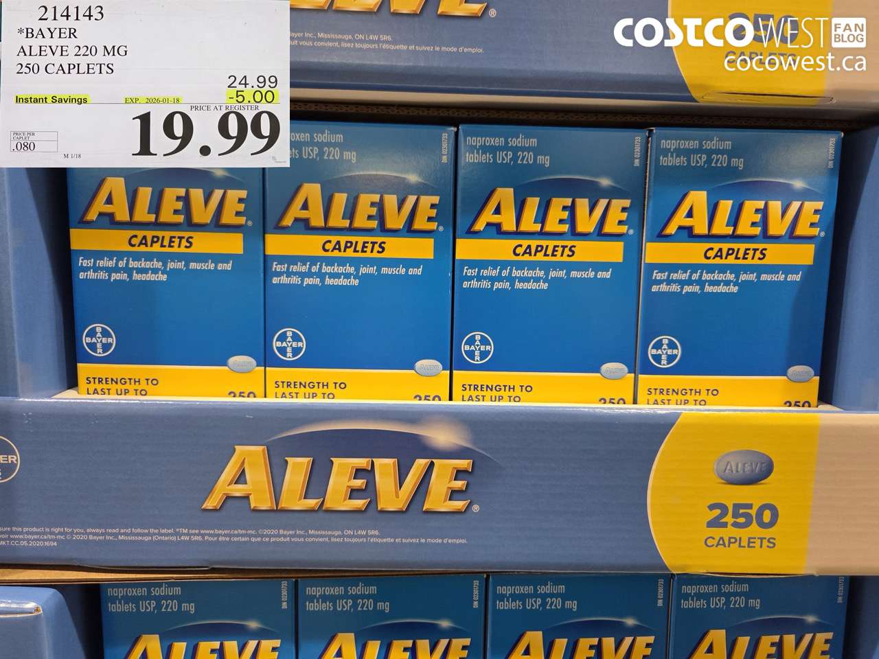 214143 BAYER ALEVE 220 MG 250 CAPLETS ($5.00 INSTANT SAVINGS EXPIRES ON 2026-01-18) $19.99