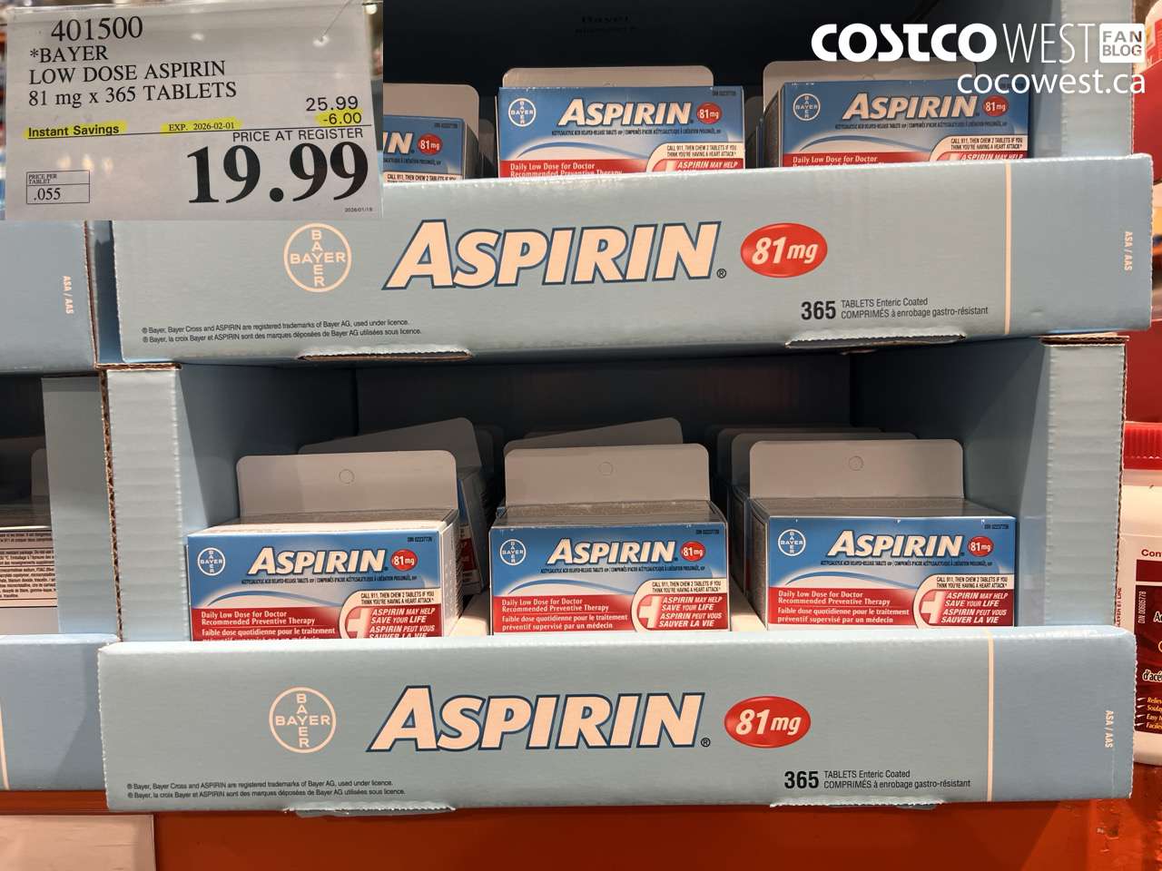 401500 BAYER COATED LOW DOSE ASA 365 81MG TABLETS ($6.00 INSTANT SAVINGS EXPIRES ON 2026-02-01) $19.99