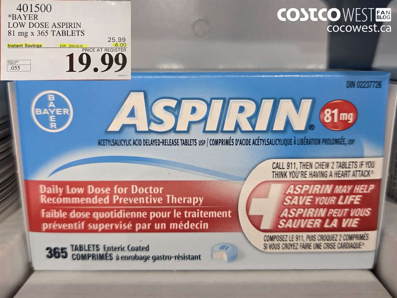 401500 BAYER COATED LOW DOSE ASA 365 81MG TABLETS ($6.00 INSTANT SAVINGS EXPIRES ON 2026-02-01) $19.99