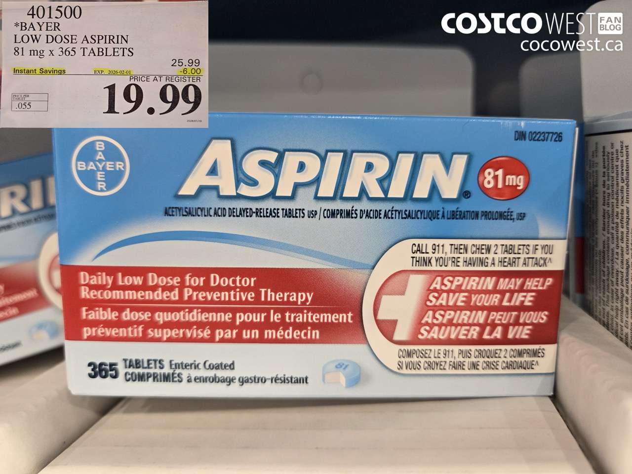 401500 BAYER COATED LOW DOSE ASA 365 81MG TABLETS ($6.00 INSTANT SAVINGS EXPIRES ON 2026-02-01) $19.99
