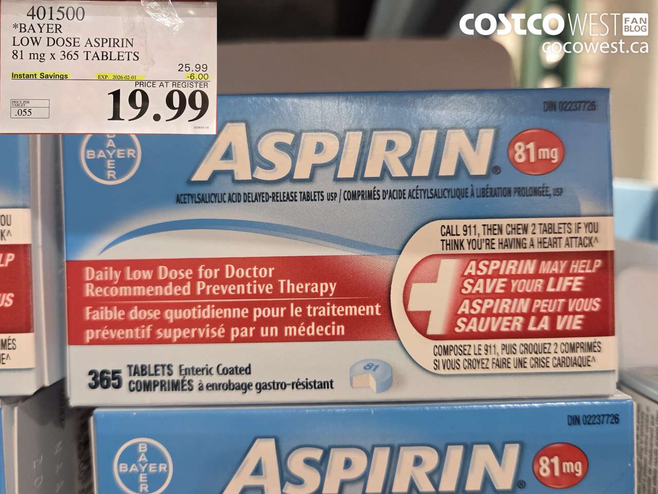 401500 BAYER COATED LOW DOSE ASA 365 81MG TABLETS ($6.00 INSTANT SAVINGS EXPIRES ON 2026-02-01) $19.99