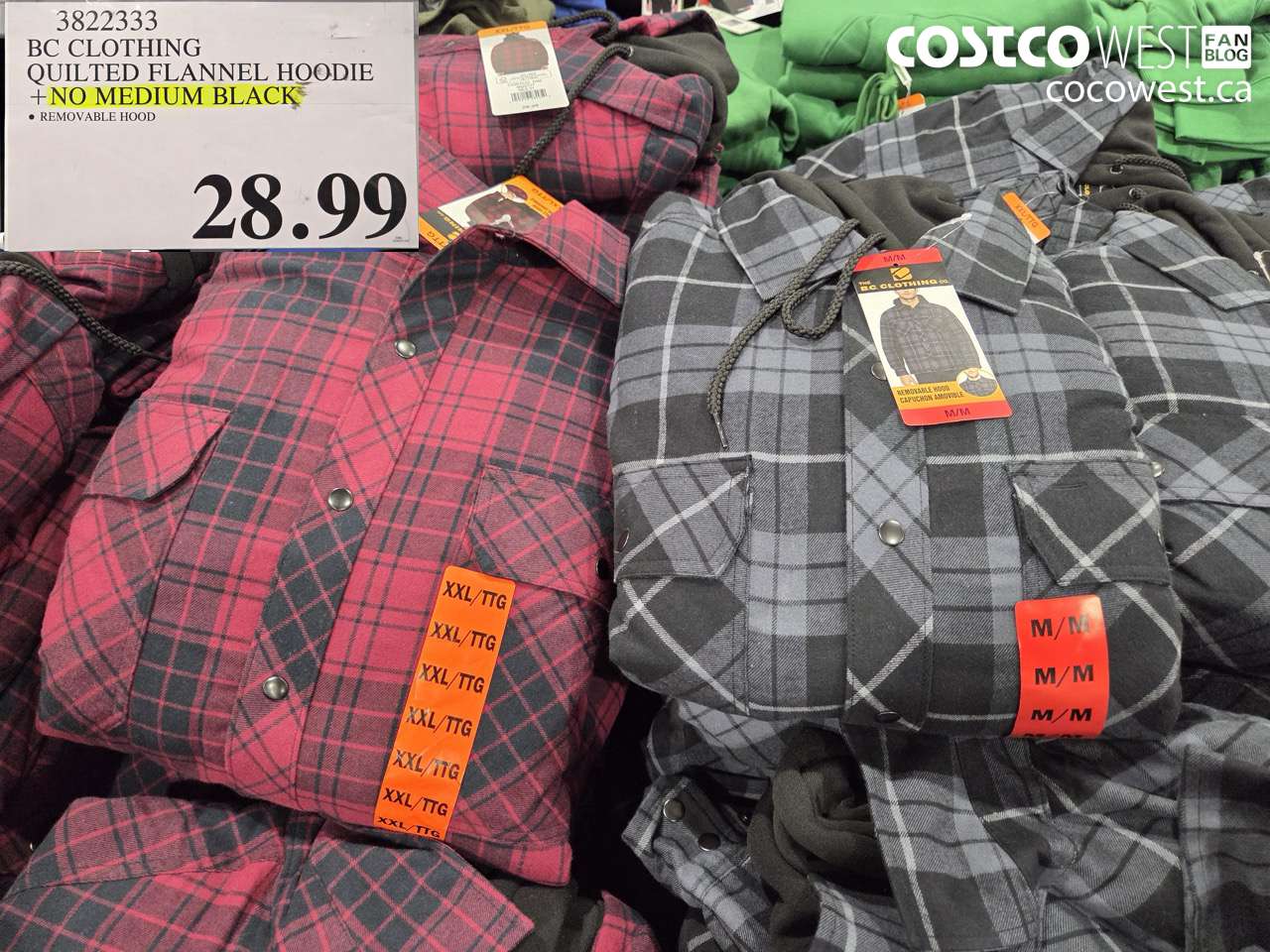 3822333 BC CLOTHING QUILTED FLANNEL HOODIE NO MEDIUM BLACK $28.99