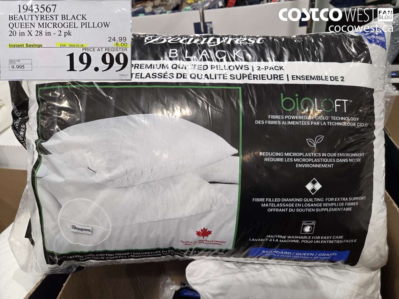 1943567 BEAUTYREST BLACK QUEEN MICROGEL PILLOW 20 IN X 28 IN 2PK ($5.00 INSTANT SAVINGS EXPIRES ON 2026-01-18) $19.99