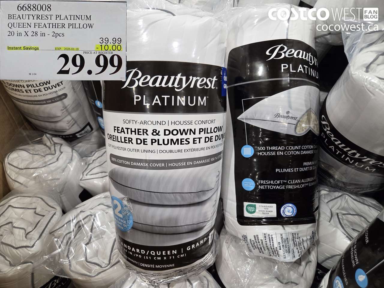 6688008 BEAUTYREST PLATINUM QUEEN FEATHER PILLOW 20 IN X 28 IN 2PC ($10.00 INSTANT SAVINGS EXPIRES ON 2026-01-18) $29.99