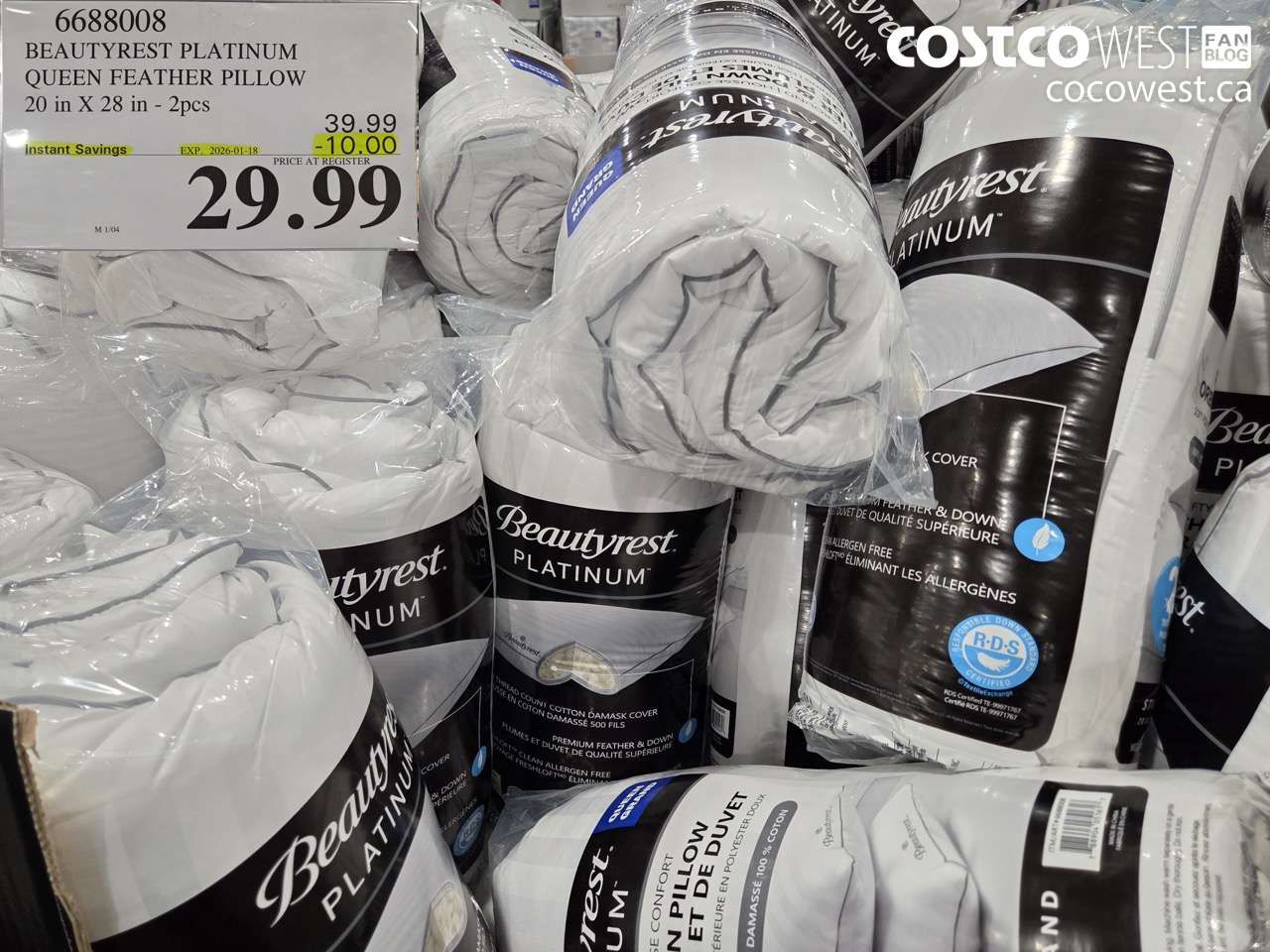 6688008 BEAUTYREST PLATINUM QUEEN FEATHER PILLOW 20 IN X 28 IN 2PC ($10.00 INSTANT SAVINGS EXPIRES ON 2026-01-18) $29.99