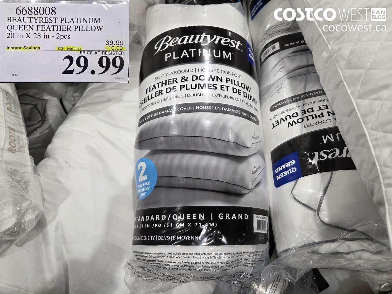 6688008 BEAUTYREST PLATINUM QUEEN FEATHER PILLOW 20 IN X 28 IN 2PC ($10.00 INSTANT SAVINGS EXPIRES ON 2026-01-18) $29.99