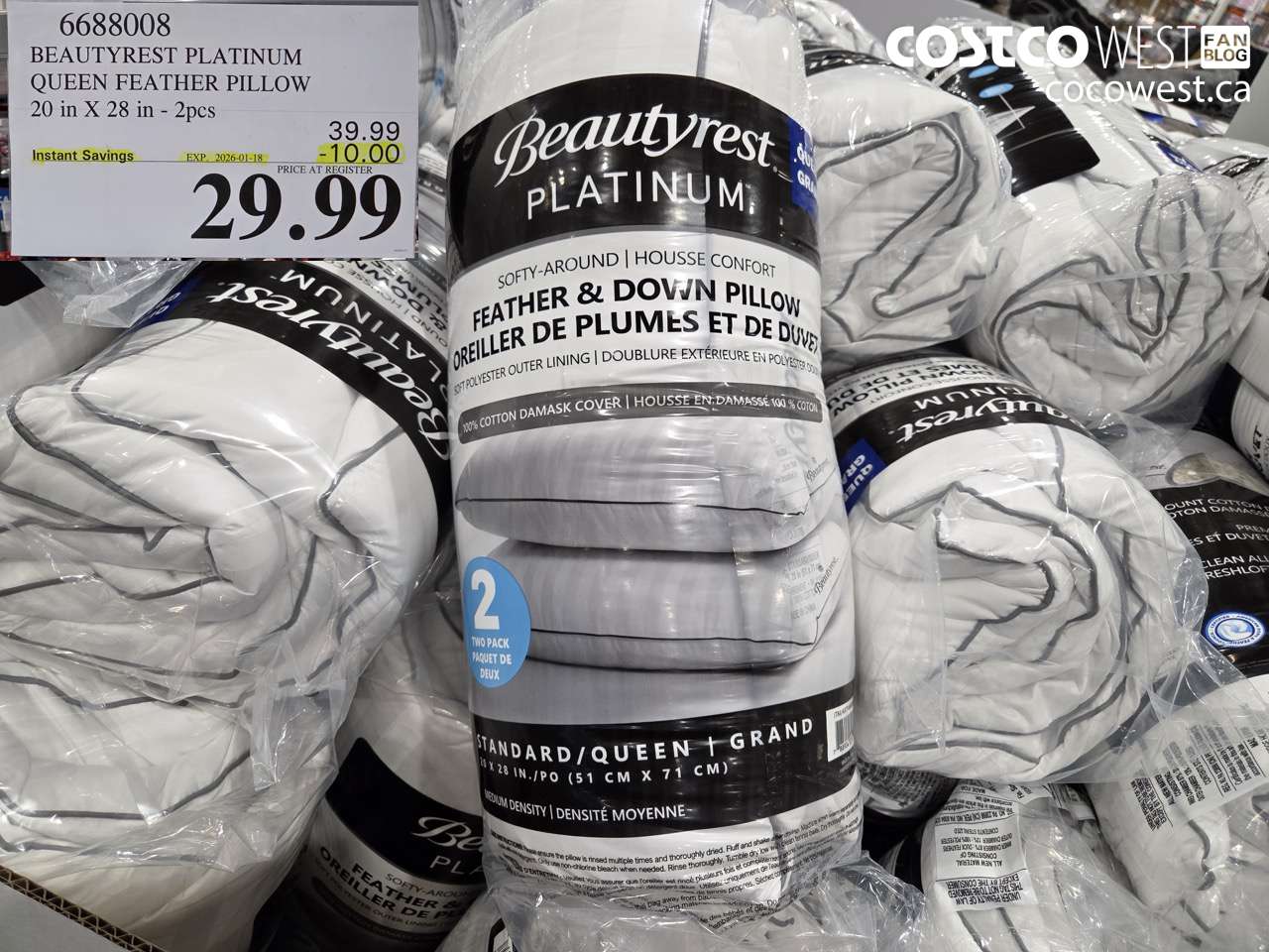6688008 BEAUTYREST PLATINUM QUEEN FEATHER PILLOW 20 IN X 28 IN 2PC ($10.00 INSTANT SAVINGS EXPIRES ON 2026-01-18) $29.99