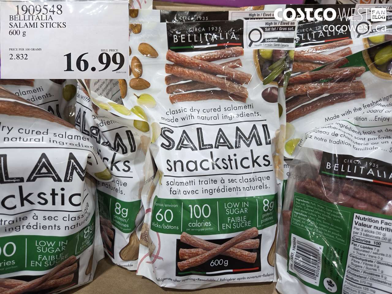 1909548 BELLITALIA SALAMI STICKS 600G $16.99