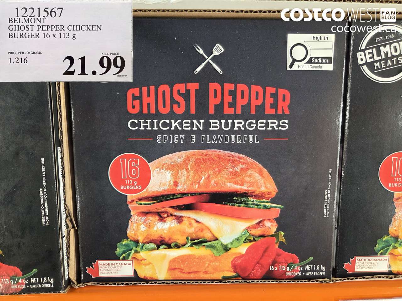 1221567 BELMONT GHOST PEPPER CHICKEN BURGER 16 X 113G $21.99
