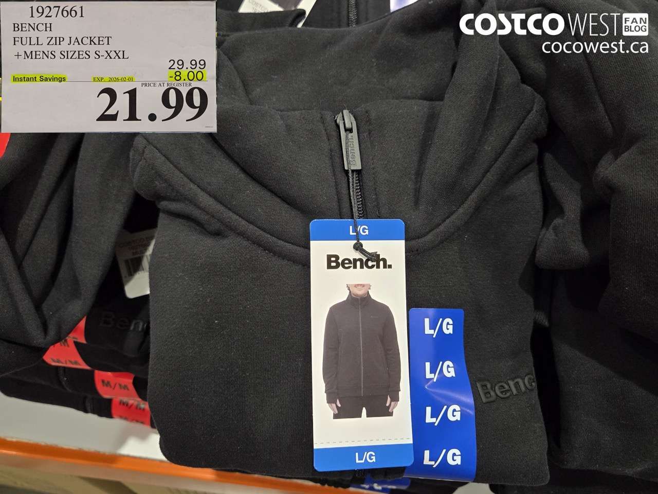 1927661 BENCH FULL ZIP JACKET MENS SIZES S.M.XXL ($8.00 INSTANT SAVINGS EXPIRES ON 2026-02-01) $21.99